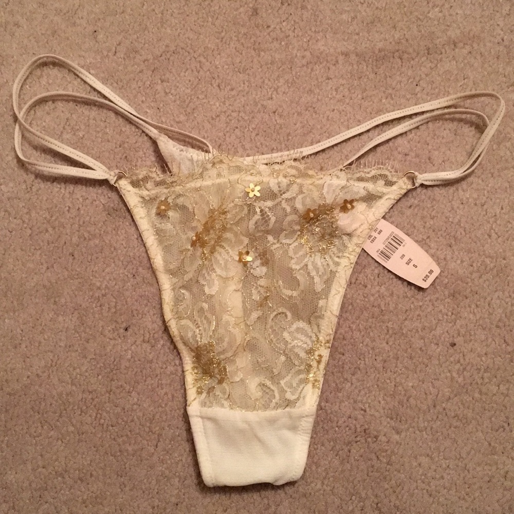 NWT Victoria Secret cream lace thong with gold, Sm